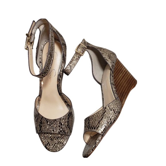 Jessica Simpson Womens Gold Snake Print Sparkle Buckle Open Toe Wedge Sandals 7M - Picture 5 of 11